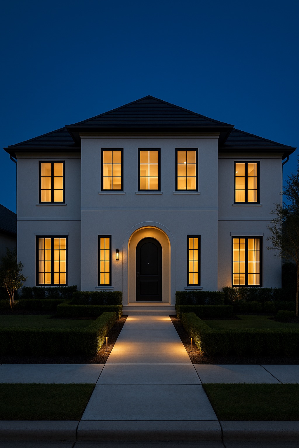 Property at dusk with warm lighting