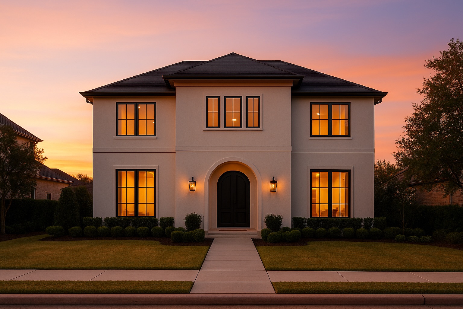 Managed property at dusk